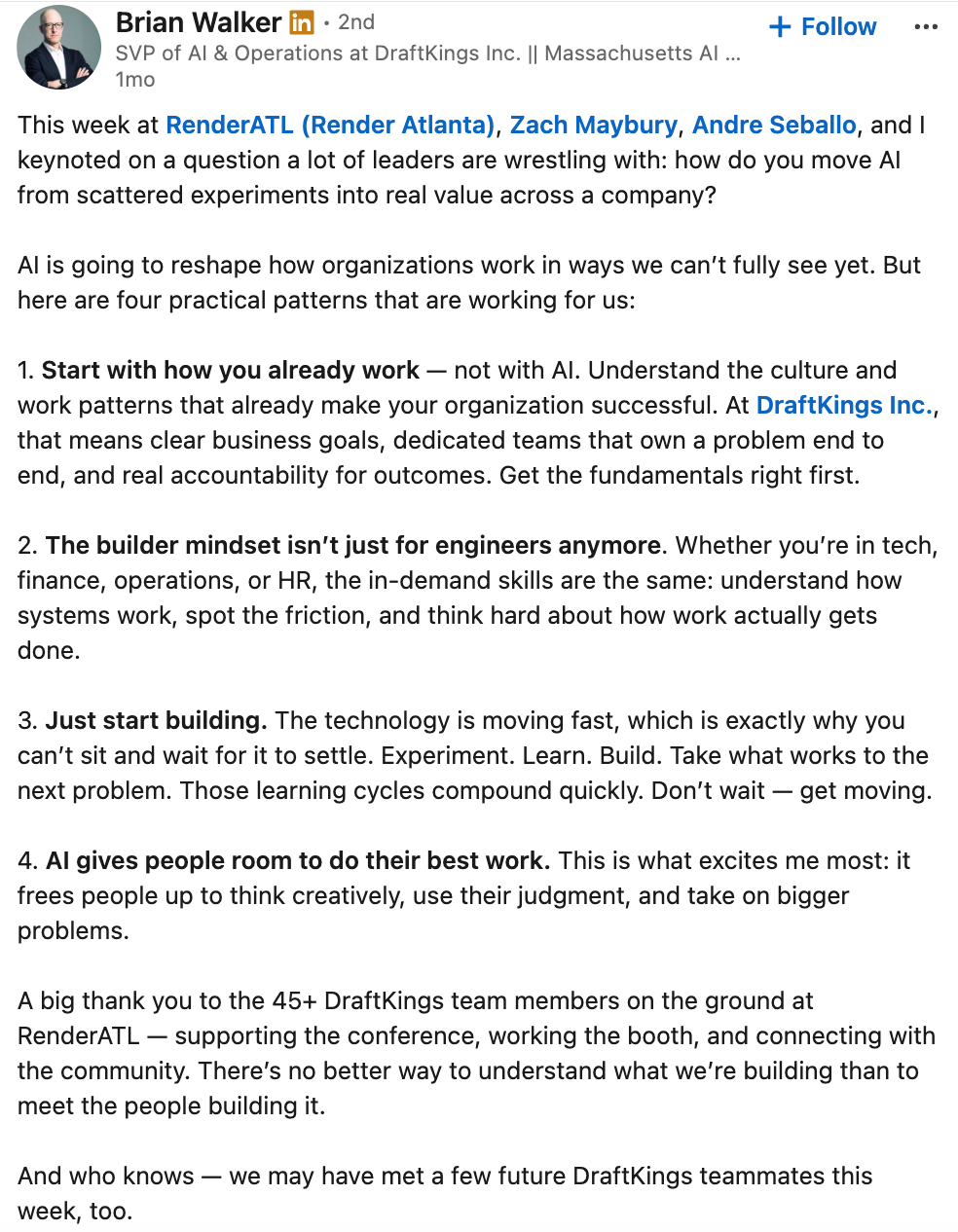 Brian Walker’s post on four practical patterns for creating value with AI at DraftKings